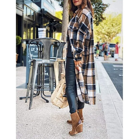 CASUAL Khaki Plaid Button Down Long Puff Sleeve Trench Coat Jacket Shacket Wool - Picture 6 of 10
